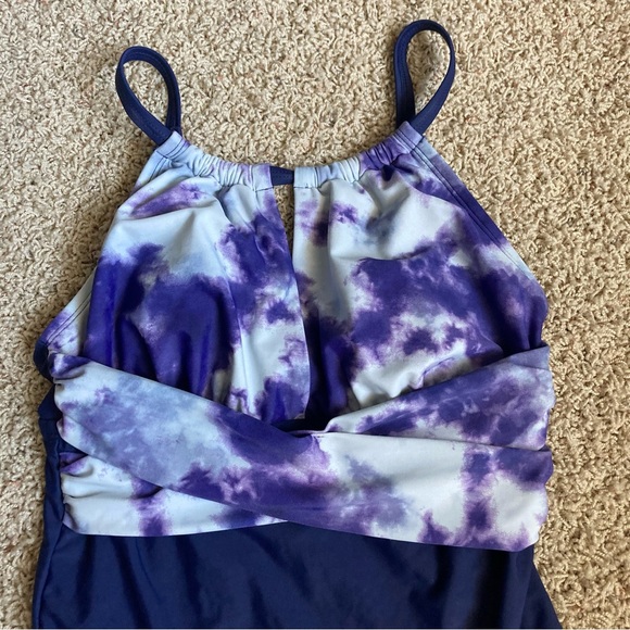 Blue Tie Dye High Neck Wrap One Piece Swimsuit - Picture 2 of 8